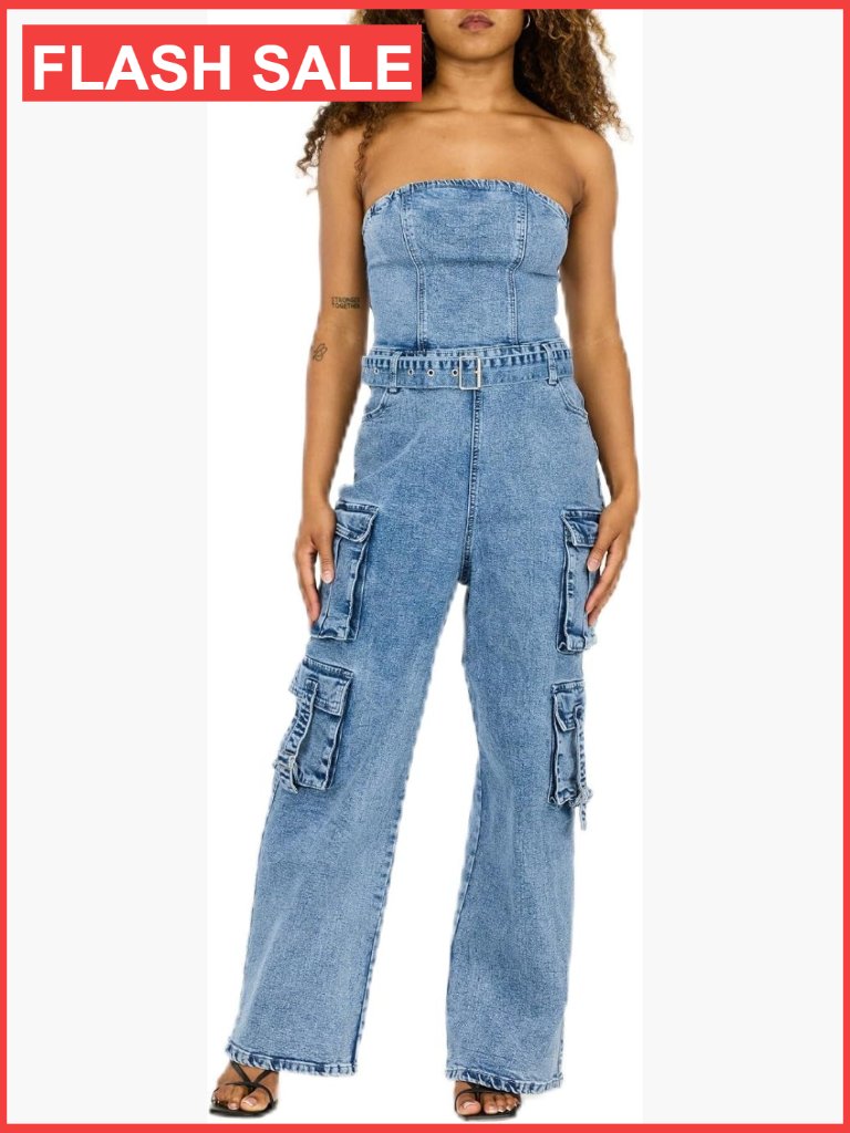 Strapless Cargo Denim Jumpsuit With Belt Wide Leg Stretch